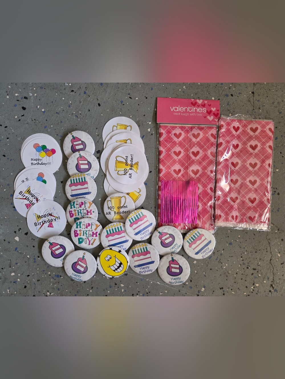 Teacher Valentines Pink Heart Treat Bags, Birthday & AR reader Pins, & Cutouts